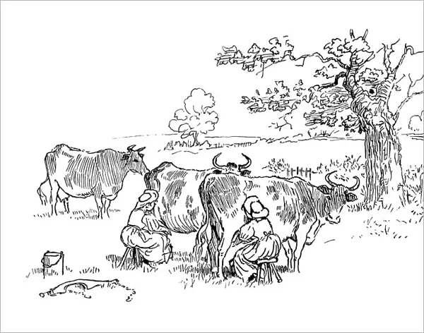 Two milkmaids milking cows in a field