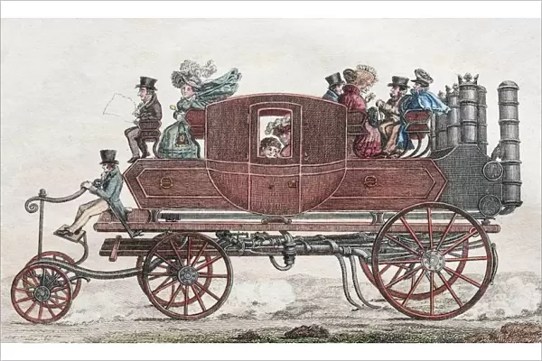 Gurneys steam coach, hand-colored copper engraving from Friedrich Justin Bertuch s
