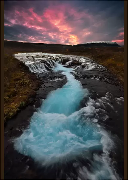 Sunset at Bruarfoss waterfall in Iceland