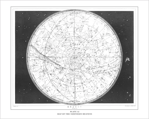 Map of the Northern Heavens Engraving Antique Illustration, Published 1851