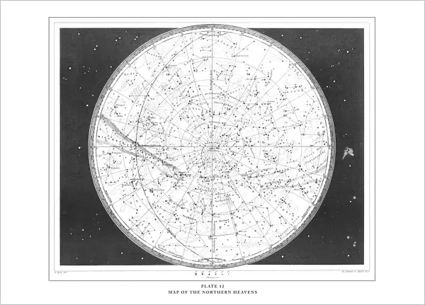 Map of the Northern Heavens Engraving Antique Illustration, Published 1851