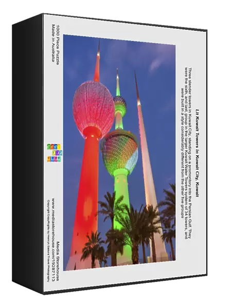 Lit Kuwait Towers in Kuwait City, Kuwait