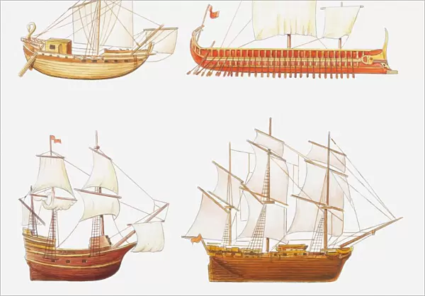 Illustration of four historic ships, Roman merchant ship, ancient Greek Trireme battleship