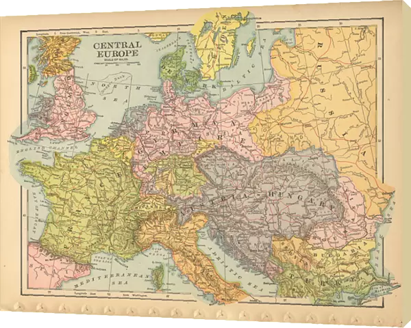 Central Europe Antique Victorian Engraved Colored Map, 1899