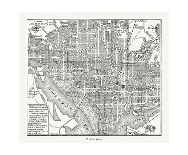 Historical city map of Washington D. C. USA, woodcut, published 1897