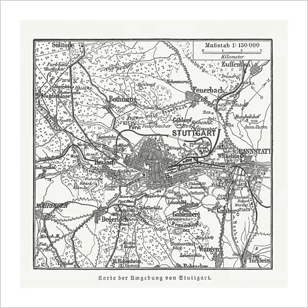 Map of Stuttgart, Baden-WAOErttemberg, Germany and surroundings, woodcut, published 1897