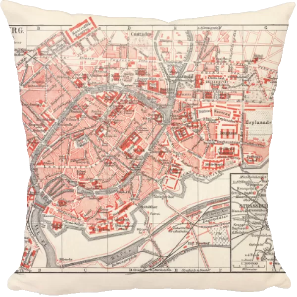 Historical city map of Strasbourg, Alsace, France, lithograph, published 1897