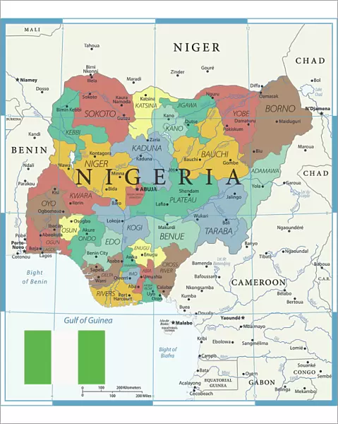 Coloured Map of Nigeria with Flag