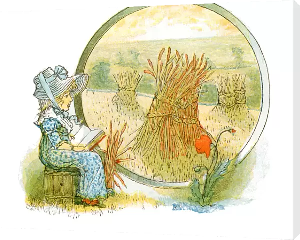 Little girl reading in a harvest field (Victorian illustration)