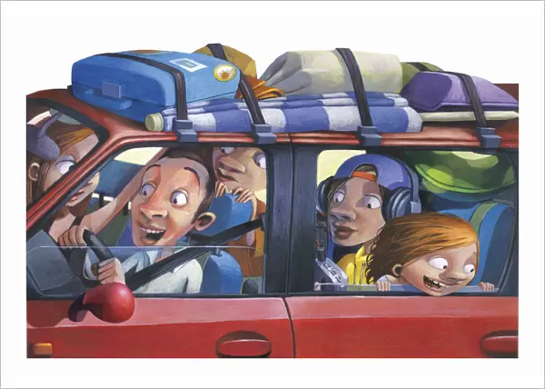 Illustration of a Family Traveling in a Car