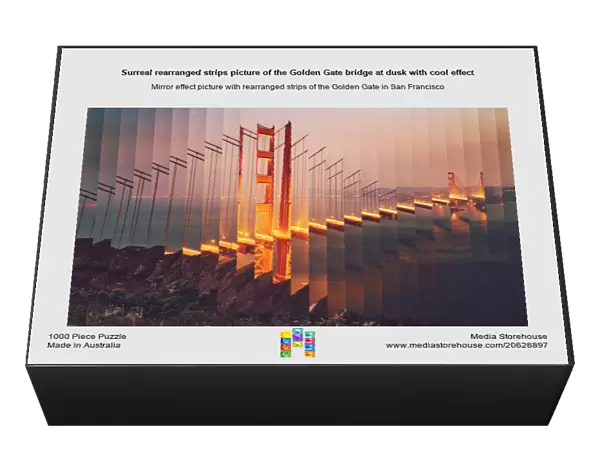 Surreal rearranged strips picture of the Golden Gate bridge at dusk with cool effect