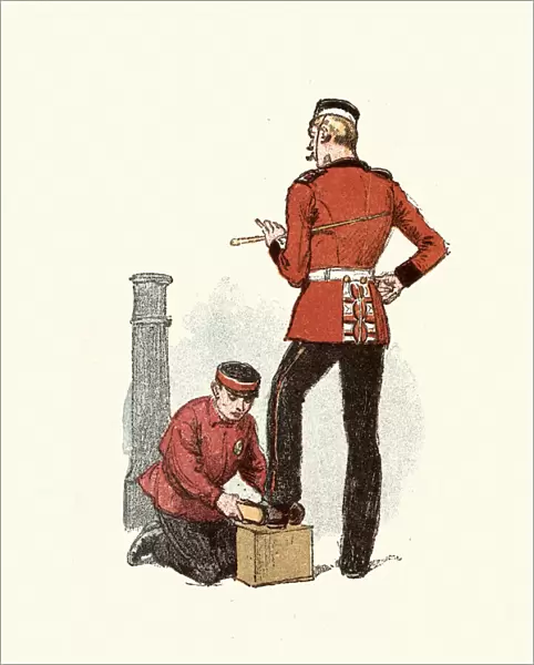 Shoeshiner polishing an officers boats, East London, 19th Century