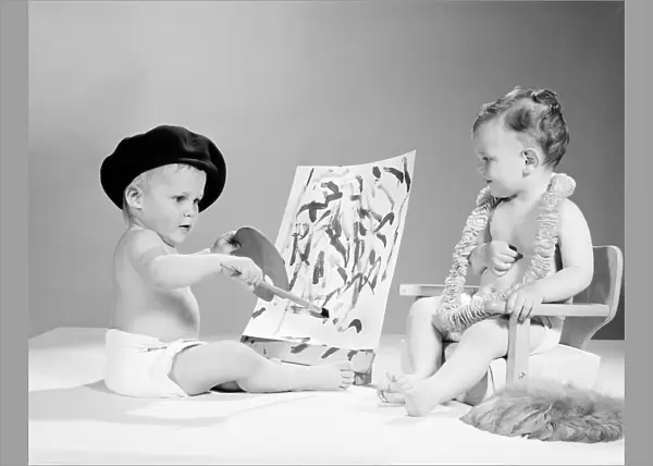 Two babies, one wearing beret and holding artists palette, the other sitting on chair