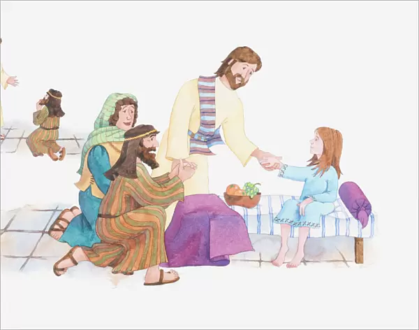 Illustration of a bible scene, Luke 8, Jesus raises a dead girl