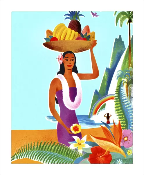 Hawaiian Woman with a Fruit Basket on Her Head
