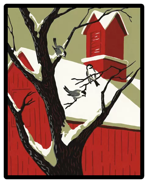 Red Barn and a Tree in Winter
