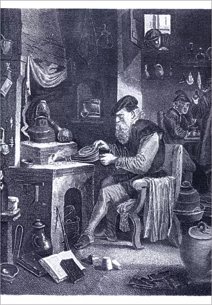 Alchimist working in his laboratory