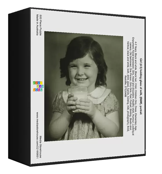 Girl (4-5) holding glass of milk, (B&W), portrait