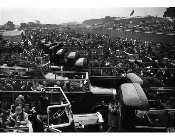 Derby Jam. 1929: A view of Tattenham Corner at the Epsom Derby, with densely packed cars