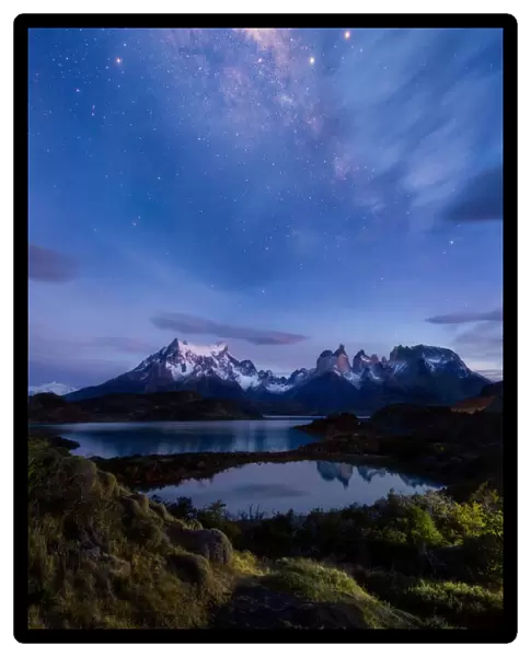 Milky way over Torres del paine national park at twilight, patagonia, Chile