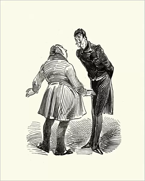 Tall man leaning over a short man, Comic caricature by Gustave Dore