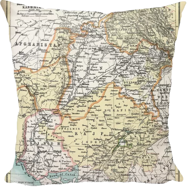 Old Antique map of Punjab, Sindh, Rajputana, Kashmir, 1890s, Victorian 19th Century