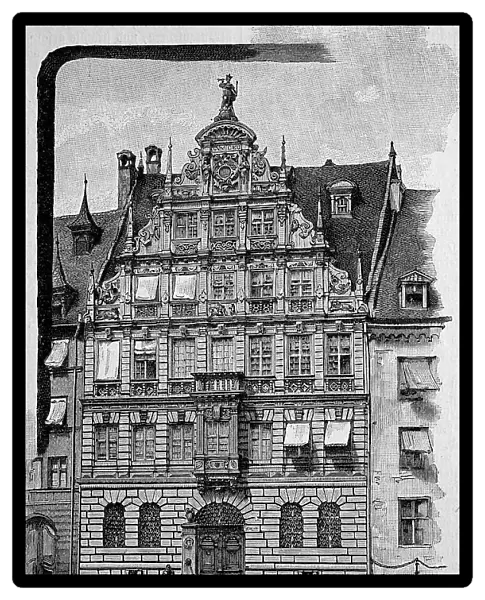 Facade of the historic Pellerhaus in Nuremberg, Bavaria, Germany, 1891, destroyed in World War 2, Historic, digitally restored reproduction of an 18th century original, exact original date unknown