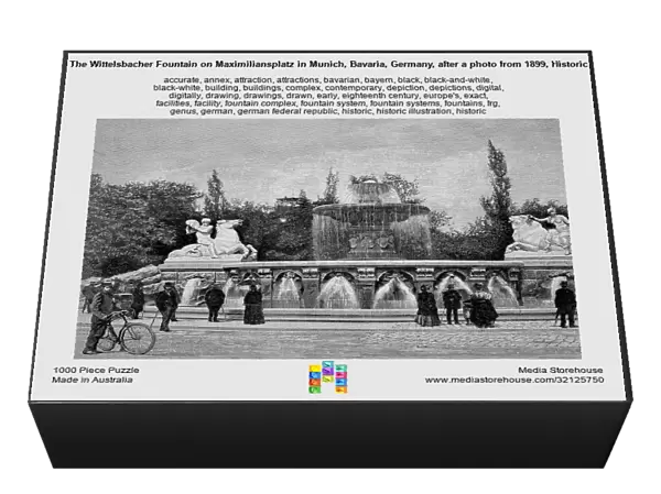 The Wittelsbacher Fountain on Maximiliansplatz in Munich, Bavaria, Germany, after a photo from 1899, Historic, digitally restored reproduction of an 18th century original, exact original date unknown