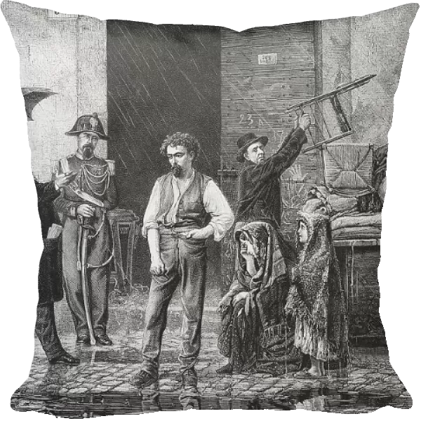 Eviction of a family who can no longer pay their rent and is now standing in the rain from the city of Rome, 1880, Italy, Historic, digitally restored reproduction of an original 19th-century artwork