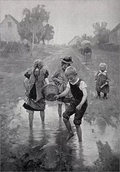 On the village street, children playing in the puddles, Germany, 1898, Historic, digital reproduction of an original 19th century painting, original date not known