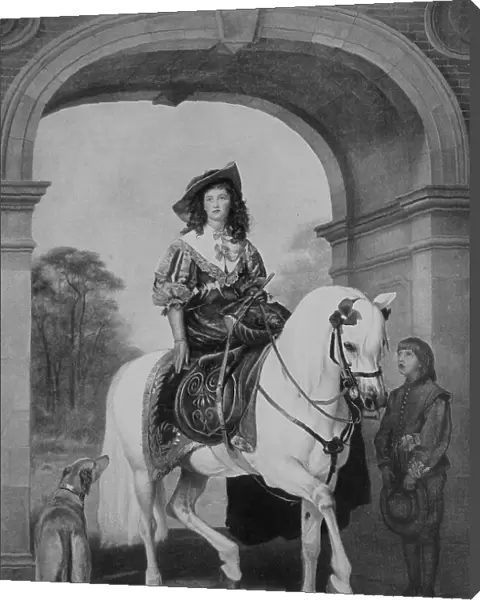 The Horsewoman, distinguished lady riding through the city gate in a lady's seat on a white horse, after a painting by J. E. Millais and Landseer, 1880, Germany, Historic, digital reproduction of a 19th century original, original date not known