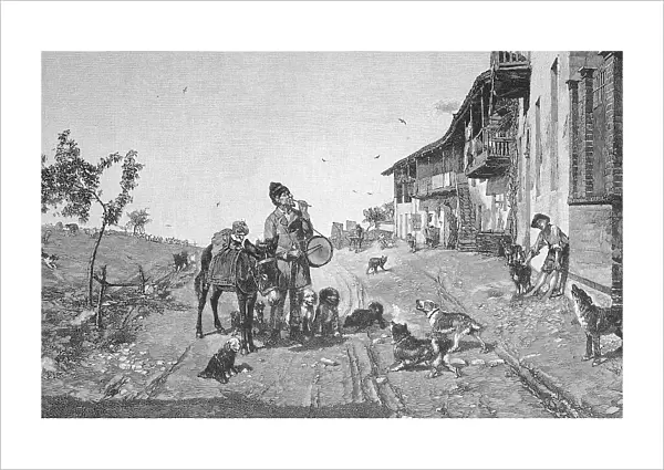 A restless impresario, street artist with donkey and dogs shows tricks in the street, painting by Giovanni Battista Quadrone, Italy, historical, digitally restored reproduction of a 19th century original