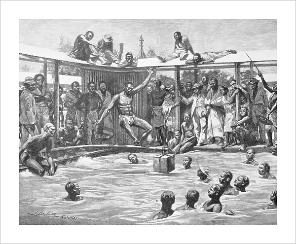 Historical illustration of a game in the water, made by natives, Kimberley, South Africa, Historical, digitally restored reproduction of an original 19th century artwork, exact original date unknown