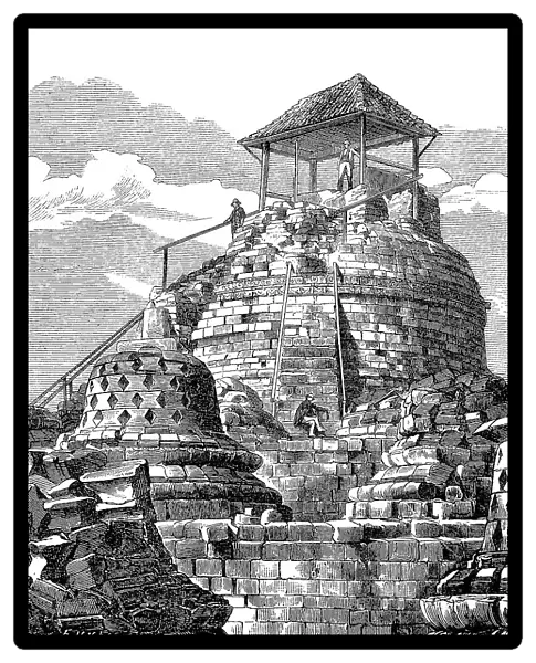The top of Borobudur or Barabudur, a 9th century Mahayana Buddhist temple in Magelang, Central Java, Indonesia, Historic, digitally restored reproduction of a 19th century original, exact original date unknown