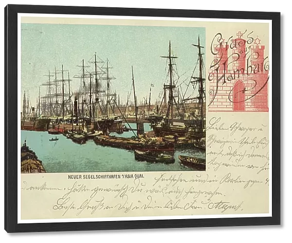 New sailing ship harbour, Aisa Quai, Hamburg, Germany, postcard with text, view around ca 1910, historical, digital reproduction of a historical postcard, public domain, from that time, exact date unknown