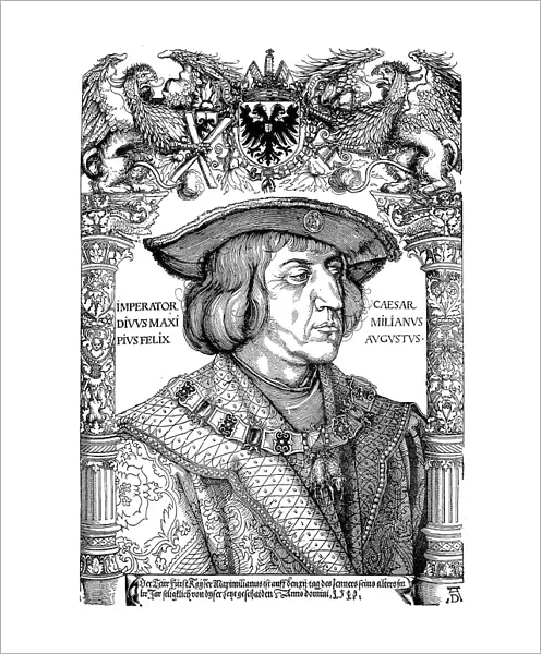 Emperor Maximilian I. Facsimile after a woodcut by Albrecht Duerer, Germany, Maximilian I. 1459, 1519, was King of the Romans, also known as King of the Germans, from 1486, and Emperor of the Holy Roman Empire from 1493 until his death