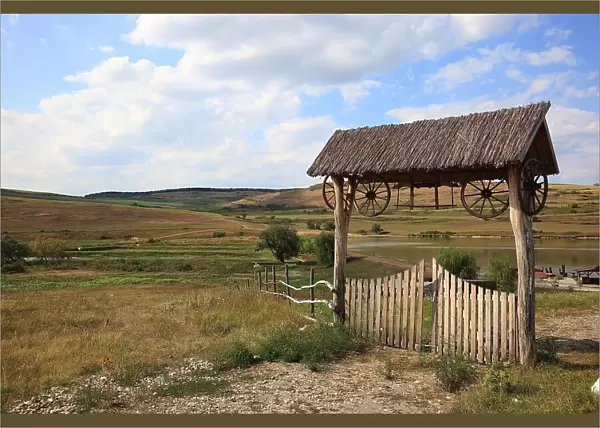 Transylvanian wooden gate at the entrance to an agricultural property, near Boz, Transylvania, Romania
