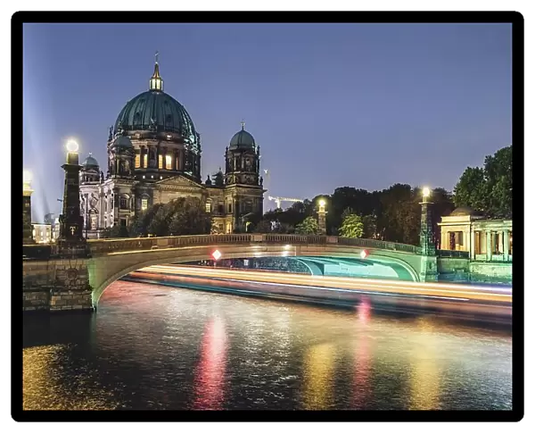 Light trails on River Spree, Berlin Cathedral, dusk, Berlin, Germany