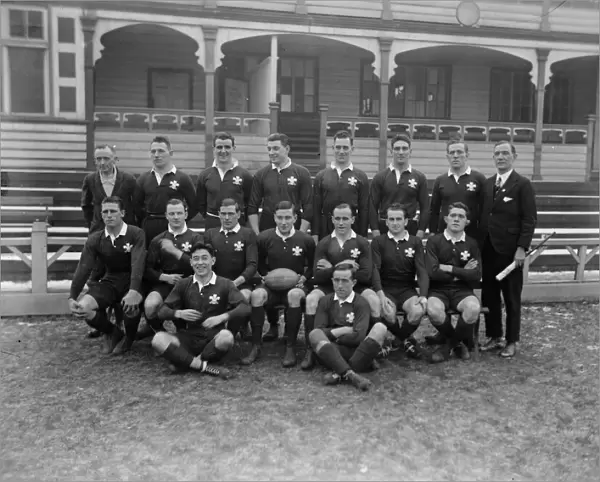 England versus Wales in Rugby match at Cardiff. The Welsh team. Back row left to right