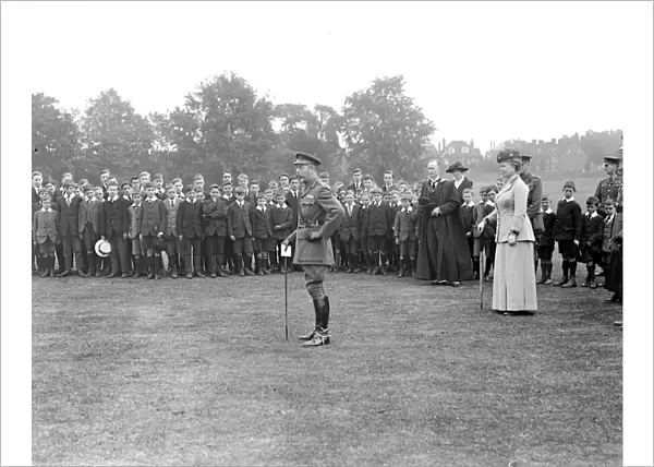 Royal visit to Bedford. His Majesty addressing the Boys At Bedford School. 27 June 1918