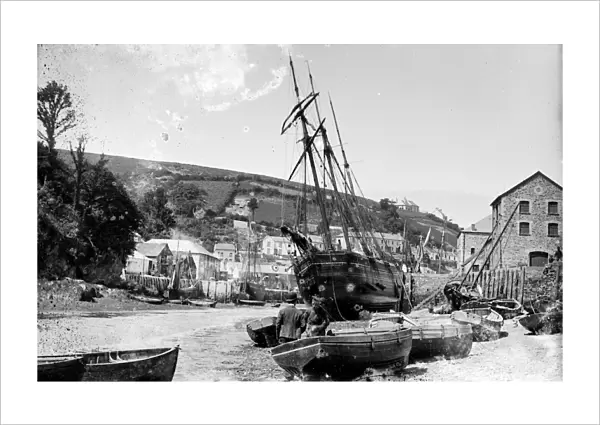 A schooner and other boats, East Looe Quay, Looe, Cornwall. Around 1890