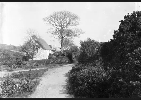 Thatched Cornish cottage near Hugus, Kea, Cornwall. Early 1900s