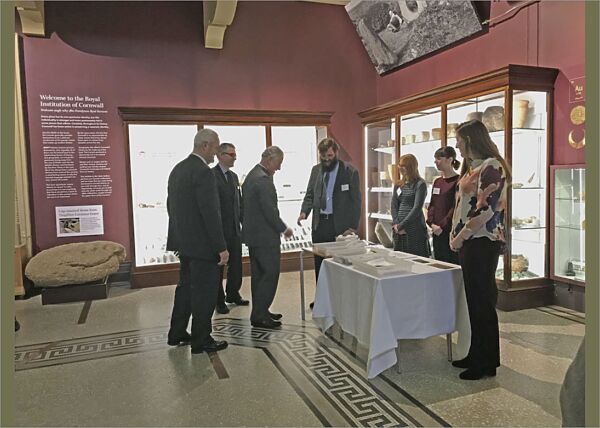 Duke of Cornwall views archaeology collections during a visit to the Royal Cornwall Museum to mark the bicentenary year of the Royal Institution of Cornwall, River Street, Truro, Cornwall. 22nd March 2018