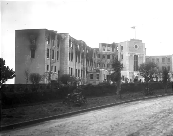 A view of the front of Carlyon Bay Hotel after the fire in 1931, St Austell, Cornwall. 27th-28th December 1931