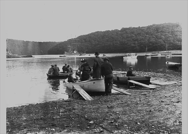 Malpas Ferry landing with people embarking, Malpas, Cornwall. Early 1900s
