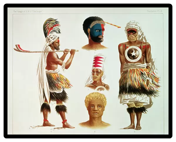 Various Dancing Costumes Worn at Nakello, Fiji, illustration from The Voyage of H