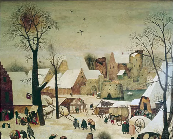 The Census at Bethlehem, detail of the houses and fortifications (oil on panel)