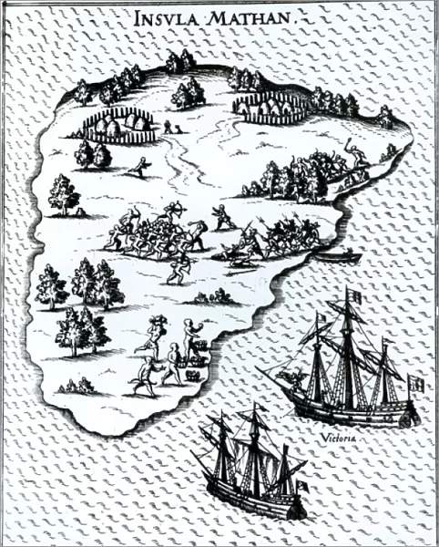 Ferdinand Magellan (c. 1480-1521) Fighting Natives on Mactan Island in 1521 (engraving)