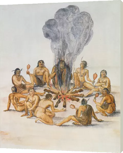 Indians round a Fire (colour litho)