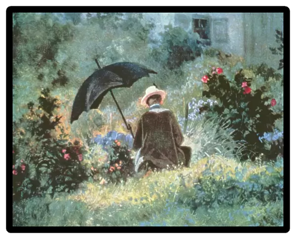 Detail of a Gentleman reading in a garden